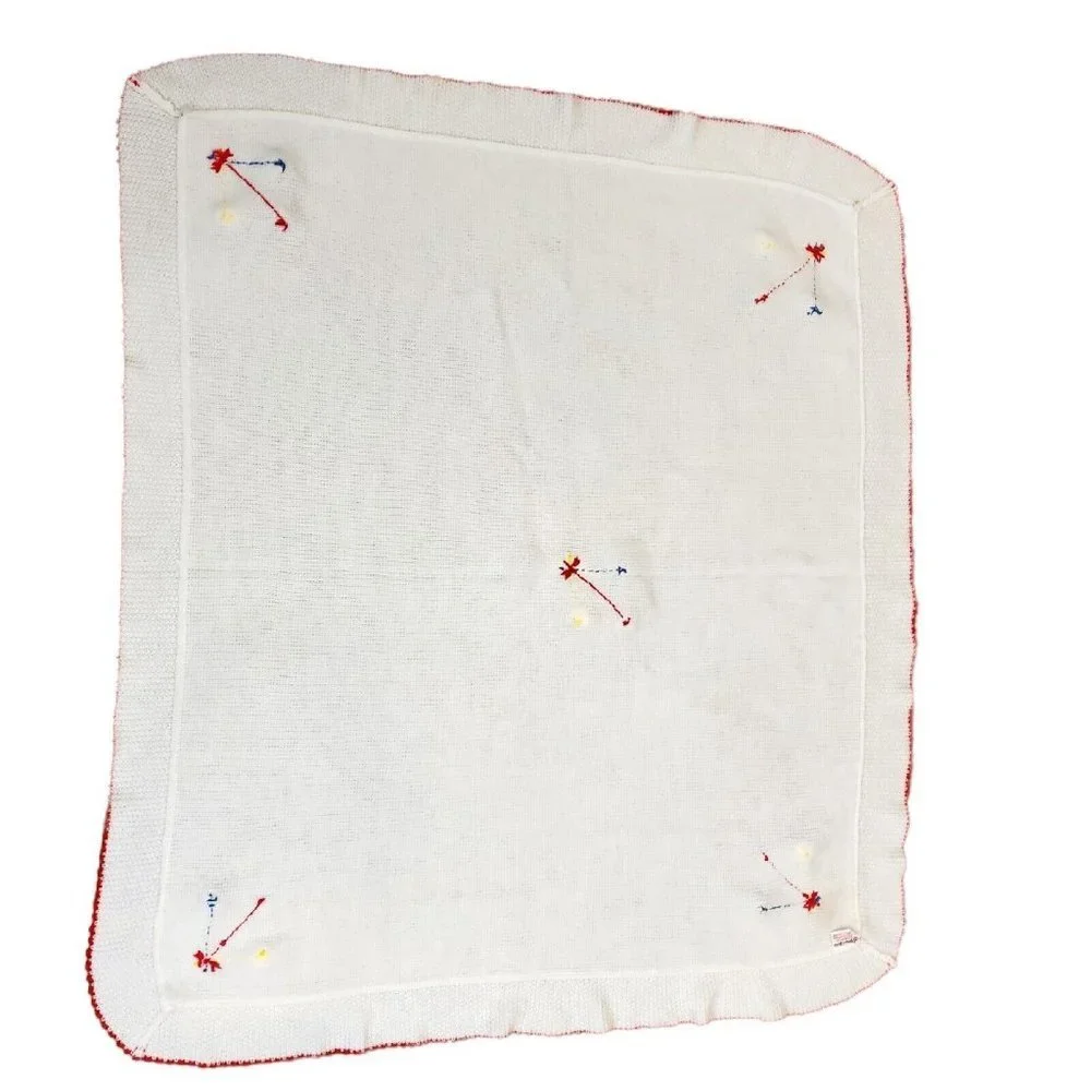 Vintage Yellow Bird White Knit Baby‎ Blanket Pom Balloons Acrylic 36x43